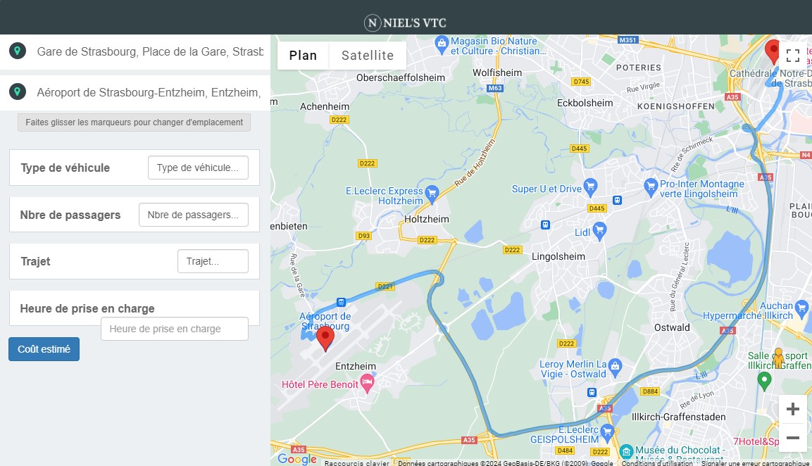 Une capture d'écran de l'application d'une compagnie VTC montrant une carte avec des véhicules disponibles.