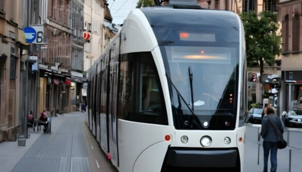 Une photo d'un tramway moderne circulant dans les rues de Strasbourg.
