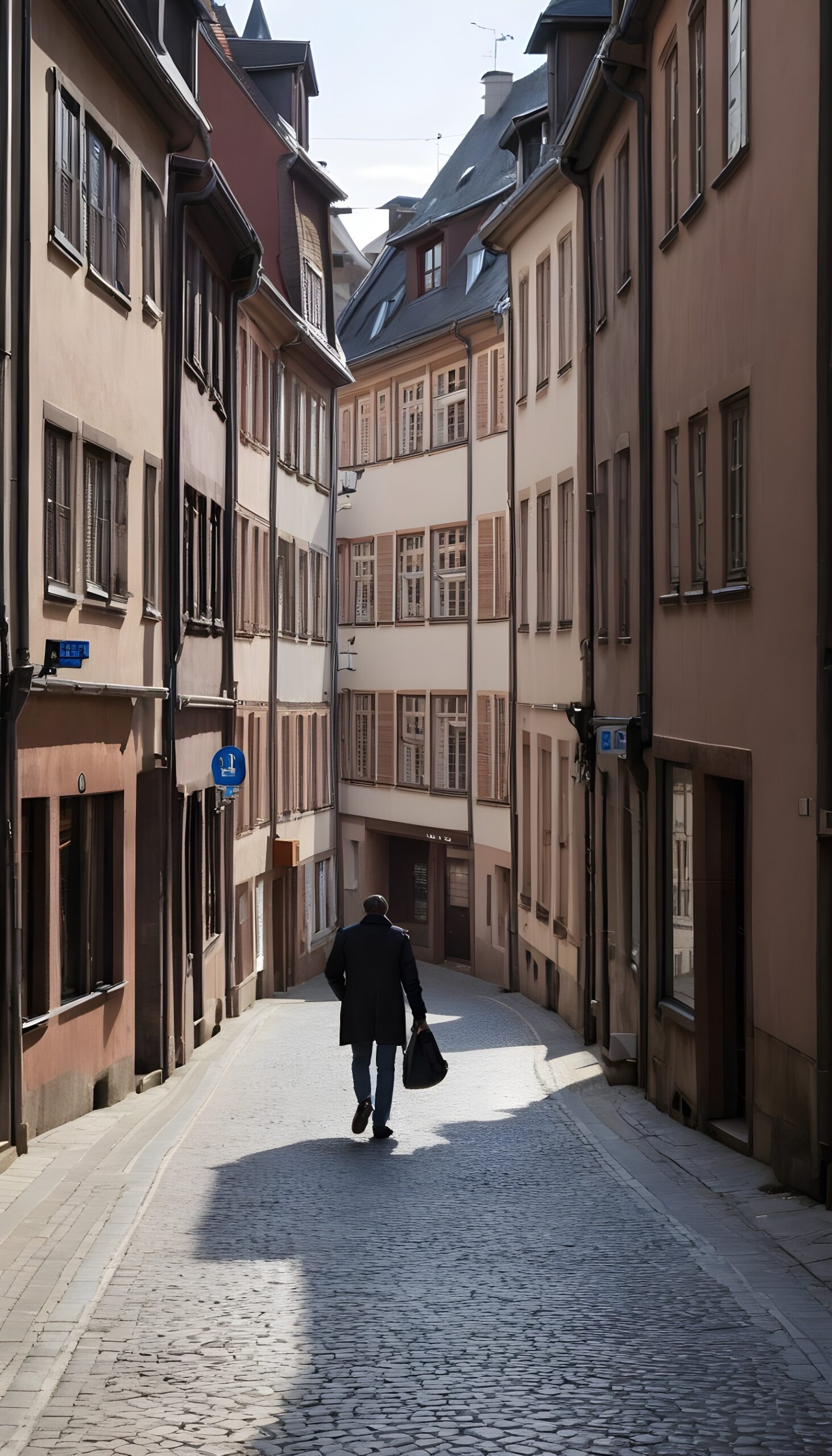 Une photo d'une personne marchant dans les ruelles pittoresques du centre-ville de Strasbourg